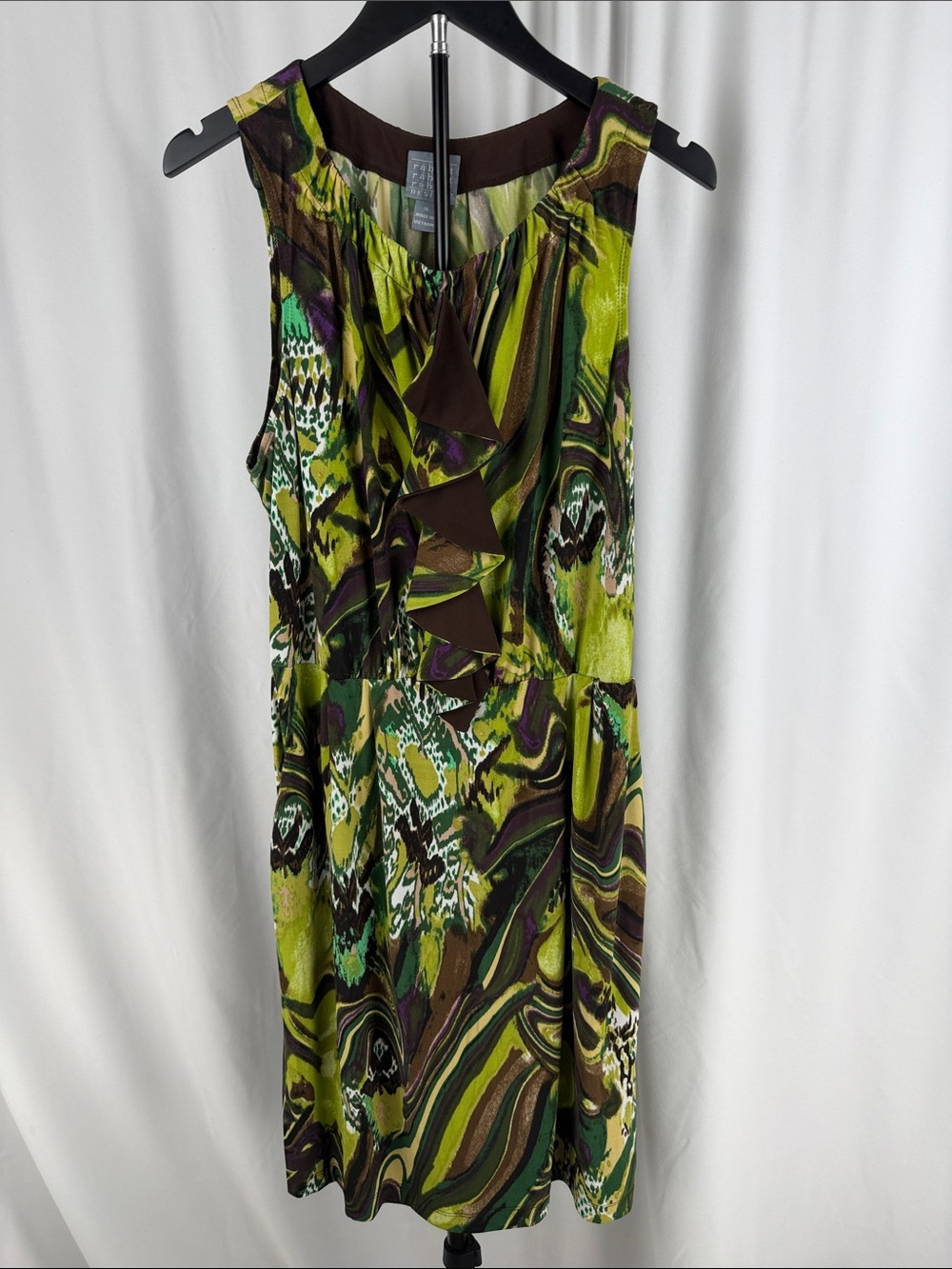 Rabbit Rabbit Rabbit Green & Brown Patterned Ruffle-Front Midi Dress